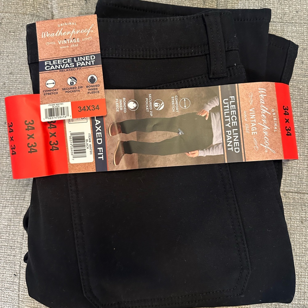 Weatherproof Black Fleece Lined Canvas Pants